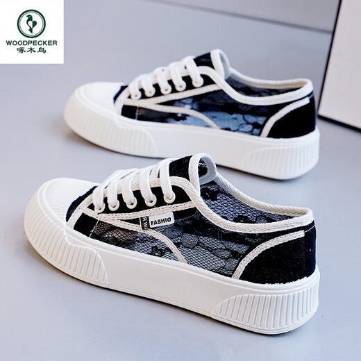
Woodpecker 2025 summer new mesh mesh shoes summer small white women's shoes canvas shoes thin versatile thick sole breathable board shoes 9901 black 35