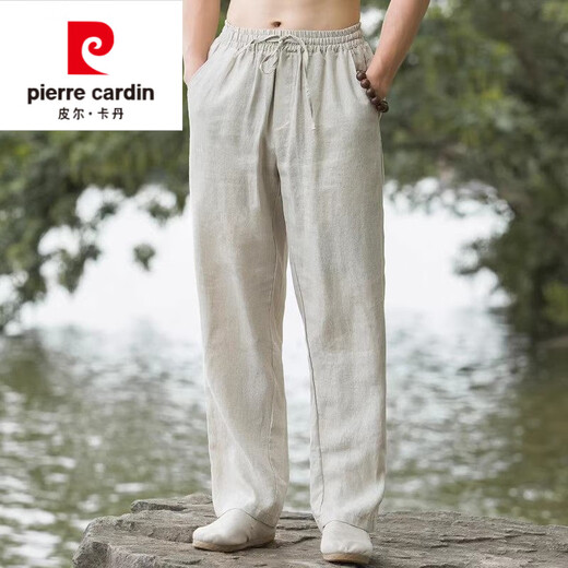 Pierre cardin breathable cotton linen men's pants summer linen pants men's loose harem pants casual pants retro Chinese style pants men's large size khaki M