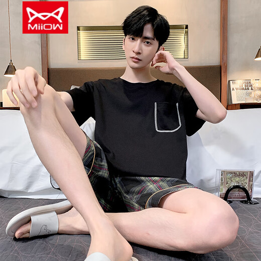 Catman (MiiOW) pajamas for men in summer pure cotton thin short-sleeved casual men in summer loose large size Jin [Jin equals 0.5 kg] Home clothing set H-9922 L 95-125 Jin [Jin equals 0.5 kg]