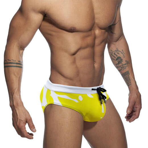 Nanbomaru Omiya Sommer-Badehose für Herren, Badeanzug, Regenbogen-Druck, Dreieck-Badehose, modisch, sexy Strand-Slip für Herren, Gelb_Körbchengröße M