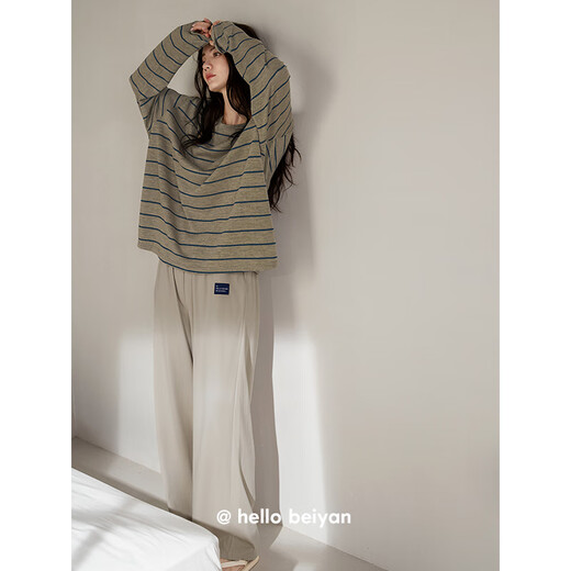 Beiyan couple pajamas for women spring and autumn new style soft cotton long-sleeved loose home wear casual striped men's loose large size suit C20533 women's L