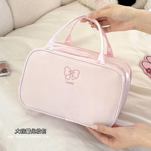 New Bow Cosmetic Bag Large Capacity Cosmetic Storage Bag Portable Upright Women's Travel Toilet Bag Three-Layer Strap Cosmetic Bag Pink Hanging Luggage丨Bow Knot