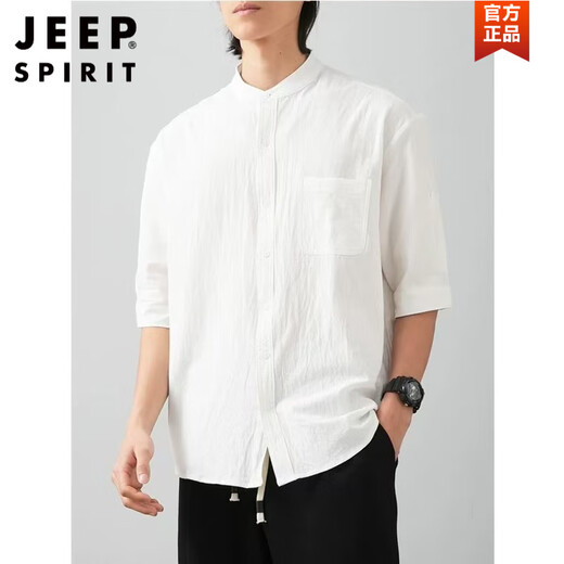 JEEP SPIRIT men's stand collar white short-sleeved shirt men's Japanese pure cotton round neck three-quarter sleeve t-shirt Henry collar textured shirt C1020-white-three-quarter sleeve L Recommended 90-110Jin Jin equals 0.5 kg