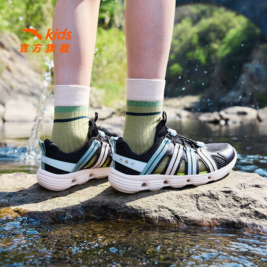 ANTA children's sandals, boys' shoes, 2025 summer new outdoor water and land tracing shoes, toe-toe anti-collision beach shoes, black/ice crystal green-2 33 size
