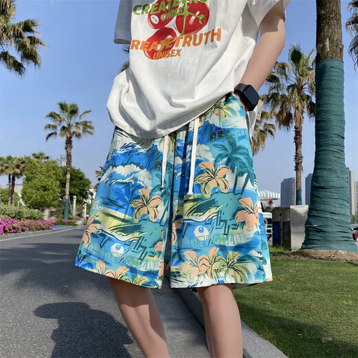 JUESHAO beach shorts men's summer thin quick-drying swimming trunks trendy printed large pants loose pajamas casual five-point pants 677 white M