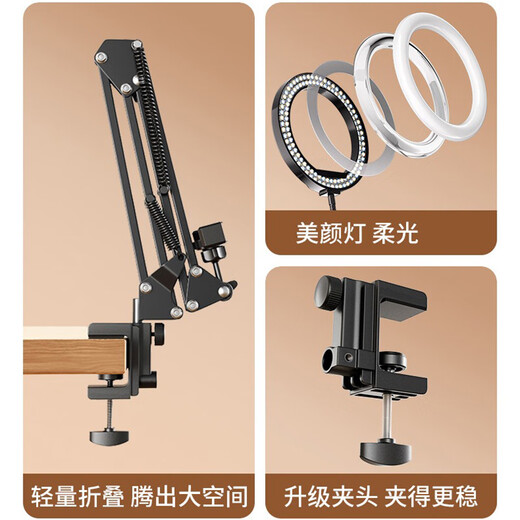 Qishiqi Overhead Shooting Mobile Phone Holder New Professional Live Broadcasting with Fill Light Desktop Mobile Phone Clamp Multi-angle Cantilever Adjustment Shooting Live Clip Recording Video Vlog Booking Food Cooking Black丨Cantilever Stand + 26cm Fill Light
