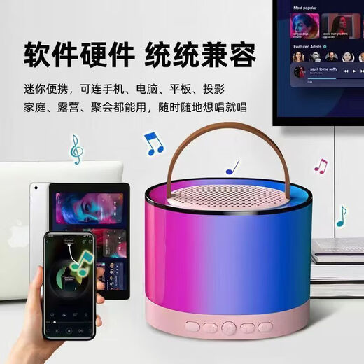 Bluetooth Audio Home Microphone Karaoke Colorful Lights Mini Portable High-Quality Audio Gift Microphone Player Beige Double Wheat
