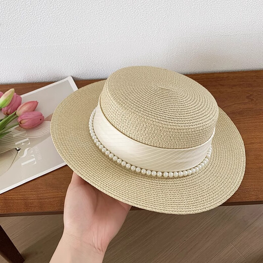 Yijian Sun Hut Französische Promi flacher Top Hut Neue Sommer Elegant Perlgras Meeres Hut Frauen Französische Perle Flat Top Sun Hut [Beige]