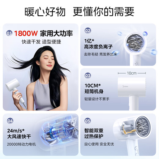 Midea 100 million negative ion hair dryer, hair care hair dryer, high power hair dryer, national subsidy for home appliances FJ208-Polar White 1800W Holiday/Birthday Gift Recommendation