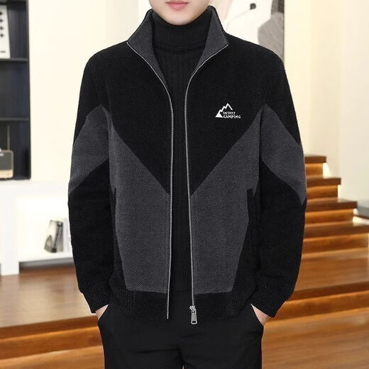 FELALWEN autumn and winter men's coat stand collar short windbreaker jacket high-end woolen coat men's thickened color-blocked woolen coat black gray XL 130-150Jin Jin equals 0.5 kg