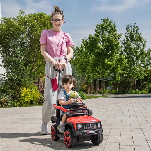 Zhouzhou Che's new children's electric car four-wheeled off-road vehicle remote control children's baby toy car men and women can sit on rechargeable red push handle remote control dual drive + Bluetooth music + leather