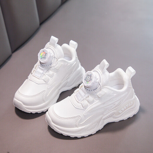 女童鞋旋转纽扣皮网新款春秋款儿童运动鞋中大童跑步鞋 9928 白色皮面 31