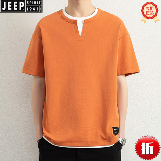 JEEP SPIRIT液氨棉重磅假两件潮牌男短袖T恤设计感2026新款夏季男装半袖体恤 1369咖啡 M 约90-110斤可穿