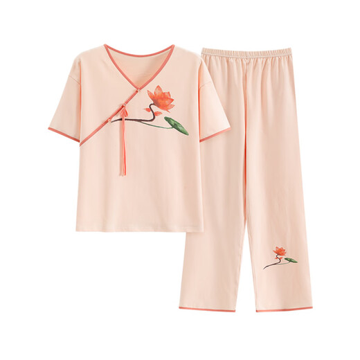 Un juego de pijamas de manga corta para mujeres de verano de 21 Funb con nuevos pantalones de ropa de algodón de algodón de estilo chino, puedes usarlo afuera para ropa casual en verano Lzy9905 m (sugerido 75-95Jin [Jin iguala 0.5 kg])