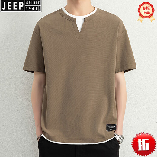 JEEP SPIRIT液氨棉重磅假两件潮牌男短袖T恤设计感2026新款夏季男装半袖体恤 1369咖啡 M 约90-110斤可穿
