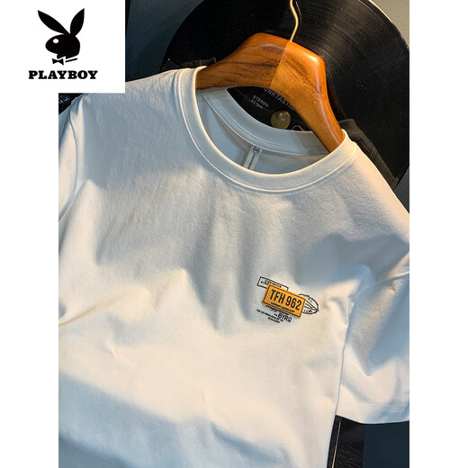 花花公子（PLAYBOY）白色T恤男夏季新款高端潮流印花t恤美式轻奢新疆棉舒适短袖T恤衫 黑色 【JSW9906黑色】 M 适合90-108斤穿