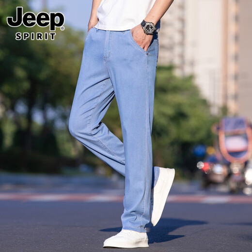 吉普（JEEP）男士薄款深色牛仔裤夏季宽松直筒商务超薄冰丝黑色休闲长裤子夏天 9767中蓝 34 腰围二尺七