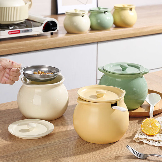 Qumuye ceramic lard jar household high temperature resistant lidded meat oil chili oil storage pot with filter residue food grade binaural - cream white 700ml + spoon + 304 filter