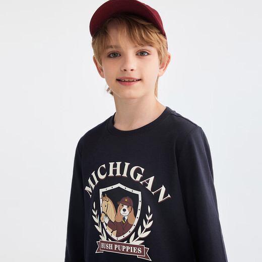 Hush Puppies children's clothing for boys and girls autumn new style comfortable and versatile cartoon print classic long-sleeved crew neck shirt navy blue 130 cm