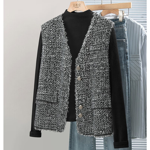 Sibaishe Xiaoxiangfengma V collar women's 2025 autumn new style raw edge stitching single-breasted stacked vest
