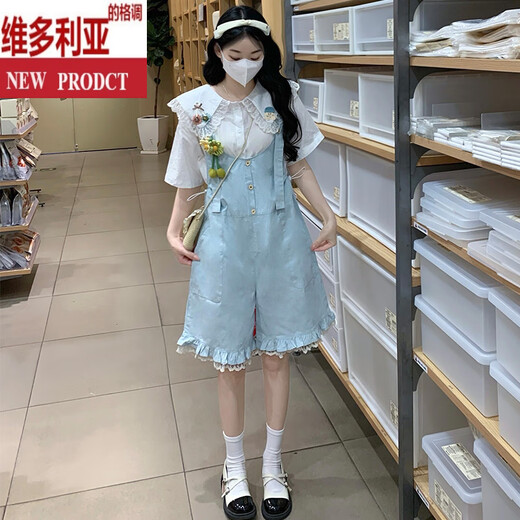 
Victoria's style of the forest women's sweet tribal summer college style shirt overalls two-piece set of cute girl's forest shorts suit Little tree white shirt S