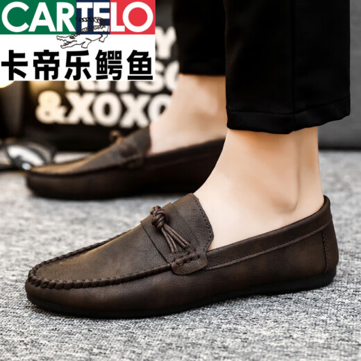 卡帝乐鳄鱼（CARTELO）25春夏季新款百搭懒人男士豆豆鞋透气防滑休闲皮鞋韩版一脚蹬男鞋 D826黑色+舒适鞋垫 41 偏小