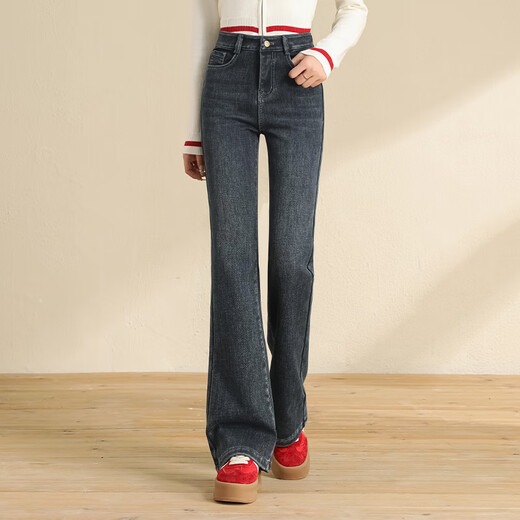 Every time micro-flared jeans for women 2025 autumn and winter plus velvet high waist slimming plus velvet high elastic slim flared pants 2567 blue L