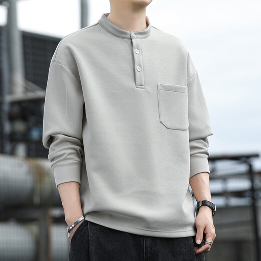 Cotton sweatshirt men's autumn and winter American retro Henry collar long-sleeved T-shirt bottoming shirt comfortable top men's Khaki M