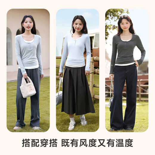 Baleno fake two-piece round neck long-sleeved T-shirt for women 2025 spring and autumn new soft and comfortable slim waist versatile base layer shirt