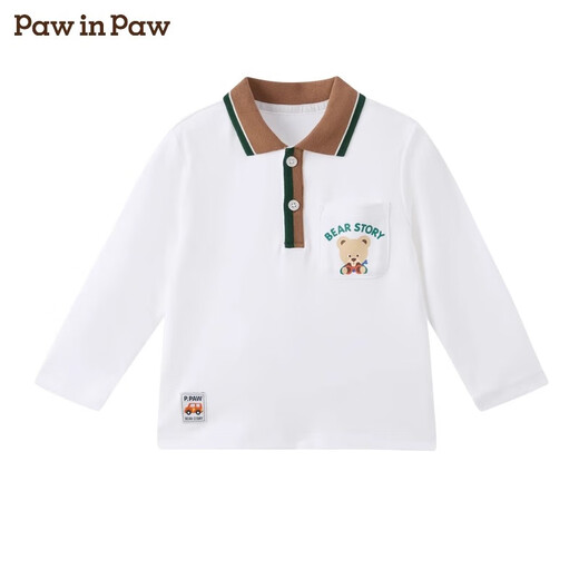 PawinPaw Bear Baby Cotton Cartoon Bear Children's Clothing 25th Spring and Summer New Boy's POLO Collar Long Sleeve T-shirt Ivory Ivory/39 100 cm