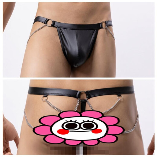 New Men's Sexy Underwear European and American Pouch Tight Thong Patent Leather Chain Decorated Rainbow T-Pants Hollow Ring Black M
