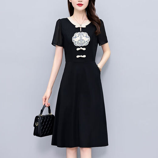 Dryworld New Chinese Retro Schwarz große Größe Frauenkleidung Fett MM Mutter Mutter mit kurzem Ärmeln Sommer neuer Stil Rich Lady Slim Black [1585 High-End-Stoff] l