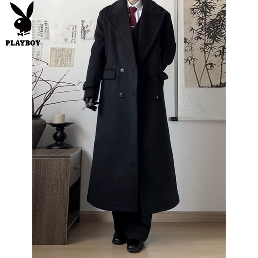 Playboy (PLAYBOY) black shoulder woolen coat for men and women in autumn and winter. Cotton and thickened long British style knee-length windbreaker woolen coat. Black cotton and thickened. XL 145 to 160Jin Jin is equal to 0.5 kg. Can be worn