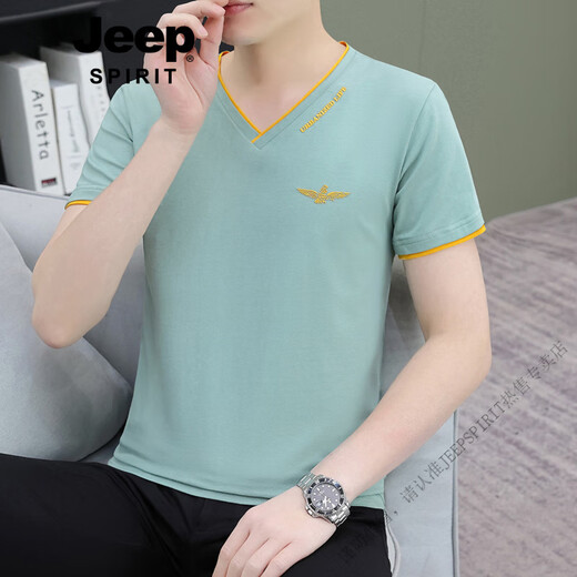 JEEP SPIRIT高品质薄款白色男装v领短袖t恤打底衫青年上衣夏季新款纯棉体恤衫 蓝灰色Q694短 袖 L