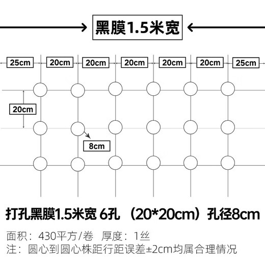 Perforated black mulch film for weeding, insulation, moisturizing and anti-aging medicinal materials, onions, peppers, peppers, special perforated mulch film, 1 wire, 1.5 meters wide, 280 meters wide, 20*20, 6 holes