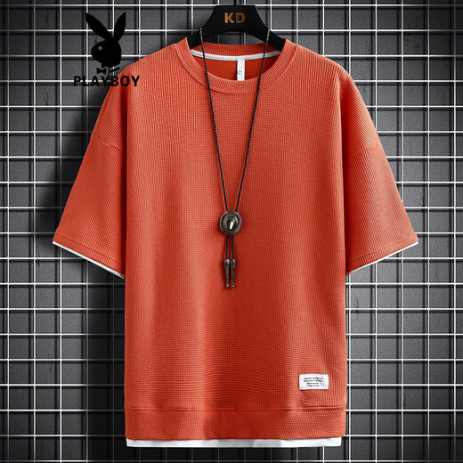 Playboy (Playboy) T-shirt masculin à manches courtes Summer Nouvelle mode Fake Two-pièces Round Neck Loose Half Mancheve T-shirt Waffle Casual Top 3880 Gray L