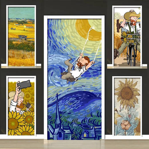 Clcey van Gogh's Starry Sky Huile Peinture Famme Peinture Porte autocollant Renoie auto-adhésive Dormitory Wall Decorative Glass Wardrobe Door Sticker MT-3291 White Glue 0cm * 0cm