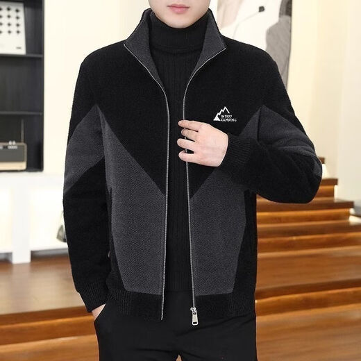 FELALWEN autumn and winter men's coat stand collar short windbreaker jacket high-end woolen coat men's thickened color-blocked woolen coat black gray XL 130-150Jin Jin equals 0.5 kg