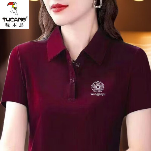 啄木鸟休闲polo衫短袖T恤女夏季新款中年妈妈装宽松大尺码显瘦翻领上衣 YC-6629红色 M 【建议85-100斤】