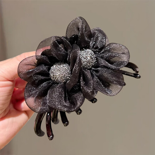 Xiangwan Hair Clip Flower Gauze Clip Women's Hair Volume Hair Clamp Back of Head Hair Clip Shark Clip Hair Accessory Black