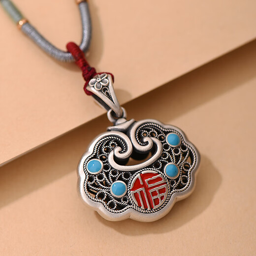 Luotai old silversmith 9999 pure silver enamel blessing safety lock necklace pendant women's ancient French style lanyard accessories blessing safety lock pendant + lanyard