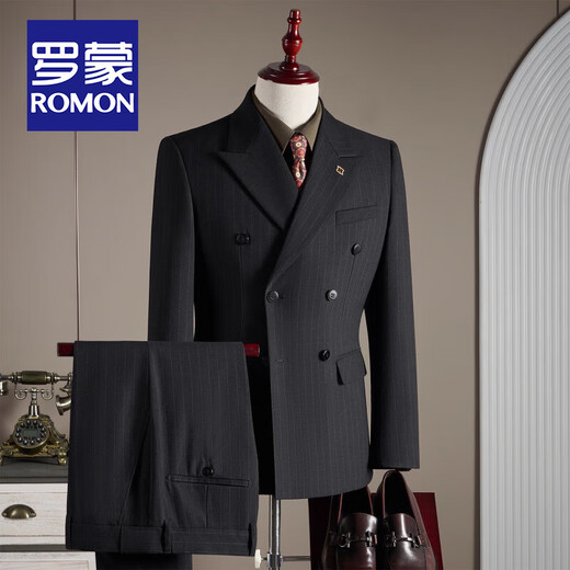 ROMON Double-breasted Striped Suit Men's British Style Business Slim Small Suit Groom Wedding Dress Jacket Men's Three-piece Suit - Black Suit + Trousers + Vest (Free White Shirt + Brooch) 2XL /54 Size 135-148Jin Jin is equal to 0.5kg Wear