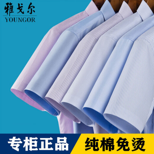 雅戈尔男士短袖衬衫商务休闲职业正装棉免烫纯色白衬衣 DX6626 蓝格子 45