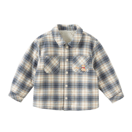 DAVE&BELLA children's shirt autumn and winter new boys plaid shirt baby boy plus velvet coat children's long-sleeved top blue gray plaid ready stock 150 cm (recommended height 140-150cm)