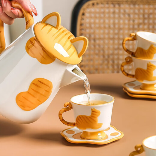 Qingbilin moves into a new home tea set ceramic cup kettle water set teapot afternoon tea wedding engagement gift for the newlyweds cat brown and white 5 pieces one pot two cups two saucers