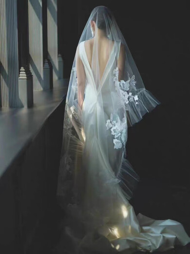 识恩新娘结婚主婚纱头纱森系蕾丝花边盖头长拖尾韩式高端头饰 乳白色 175cm以上