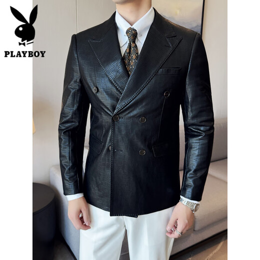 Playboy (PLAYBOY) Rubik's Cube Pattern Double-breasted Leather Suit Jacket Men's Spring and Autumn New Business Casual Trendy British Style Slim Suit Green 2XL (130-145Jin Jin equals 0.5kg)