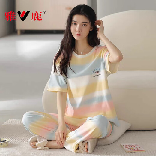 Pajamas de yalu para mujeres en primavera y verano algodón puro pantalones de manga corta delgada coreana lindo arco irbow contrastante de color de ropa para el hogar Z9711 XL [recomendado 120-140Jin [Jin iguala 0.5 kg] desgaste]