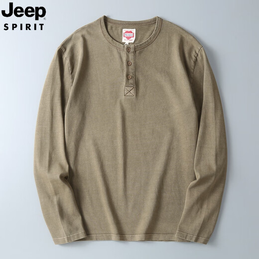 JEEP SPIRIT Jeep Henry shirt men's long-sleeved T-shirt Henry collar American retro washed distressed cotton bottoming shirt with t black S