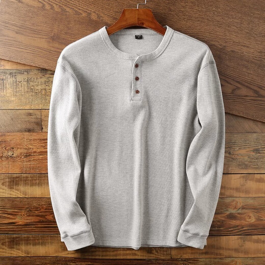 Kuraishi Kazuki high-end waffle Henry long-sleeved T-shirt men's trendy brand spring and autumn new American knitted bottoming shirt light gray XL